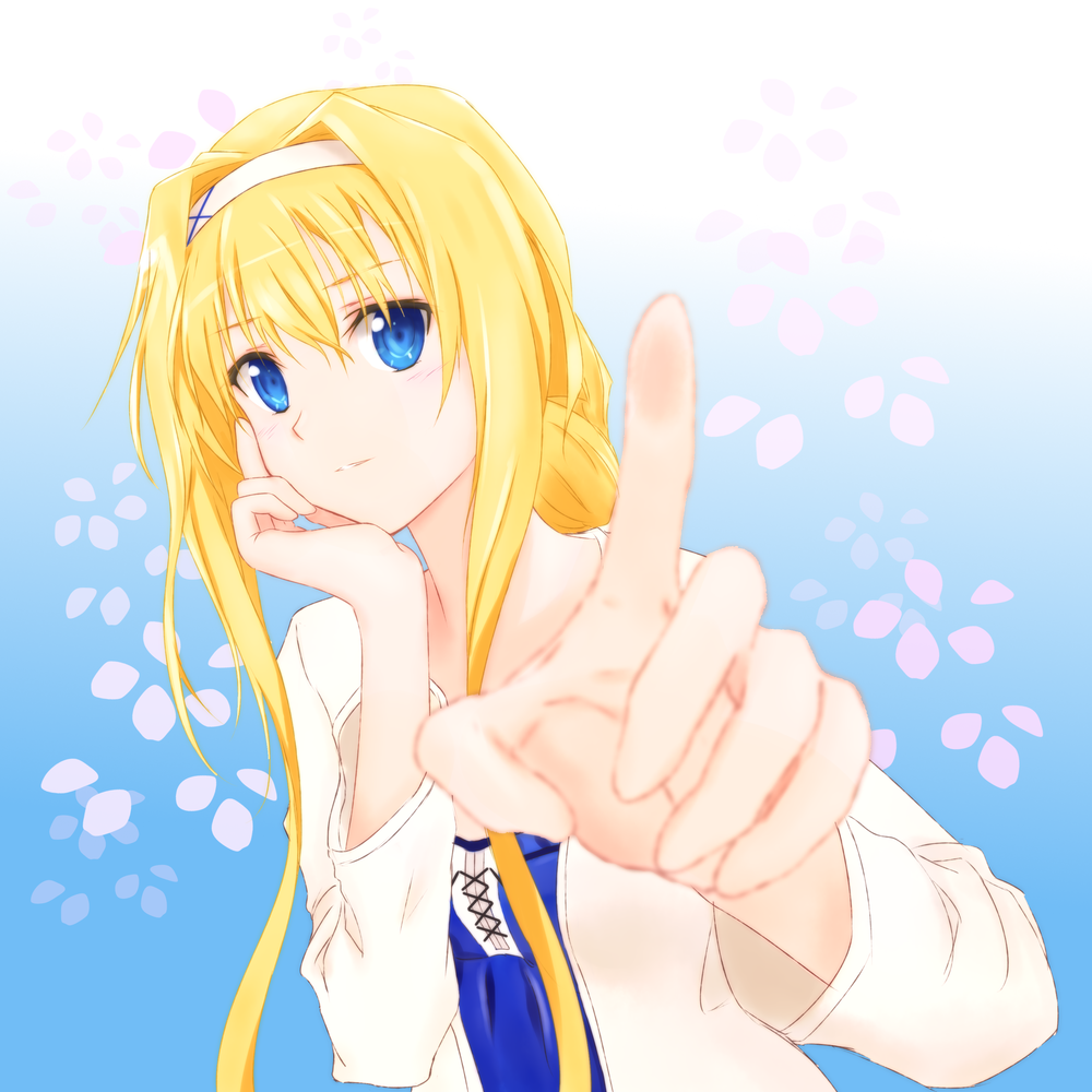 1girl alice_schuberg bangs blonde_hair blue_background blue_eyes blurry_foreground gradient gradient_background hair_between_eyes hair_intakes hairband head_rest long_hair long_sleeves no-ppo parted_lips shirt sidelocks solo sword_art_online upper_body very_long_hair white_background white_hairband white_shirt