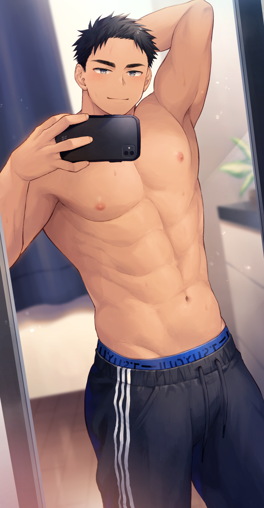 1boy abs armpits bara black_hair blush casual chest grey_eyes hand_behind_head haozz highres looking_at_viewer male_focus male_underwear mirror muscle navel nipples original pants phone photo solo track_pants underwear upper_body