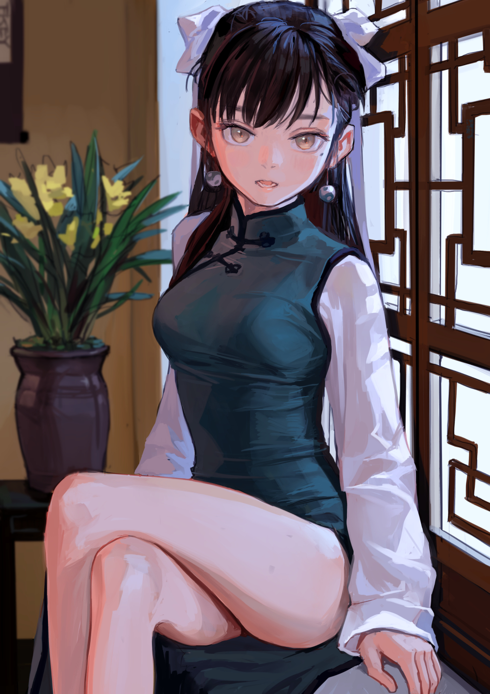 1girl aqua_eyes black_hair bow breasts china_dress chinese_clothes crossed_legs dress earrings fkey flower_pot hair_bow highres indoors jewelry long_hair long_sleeves looking_at_viewer mole mole_under_eye open_mouth original ponytail ribbon solo white_bow white_ribbon window