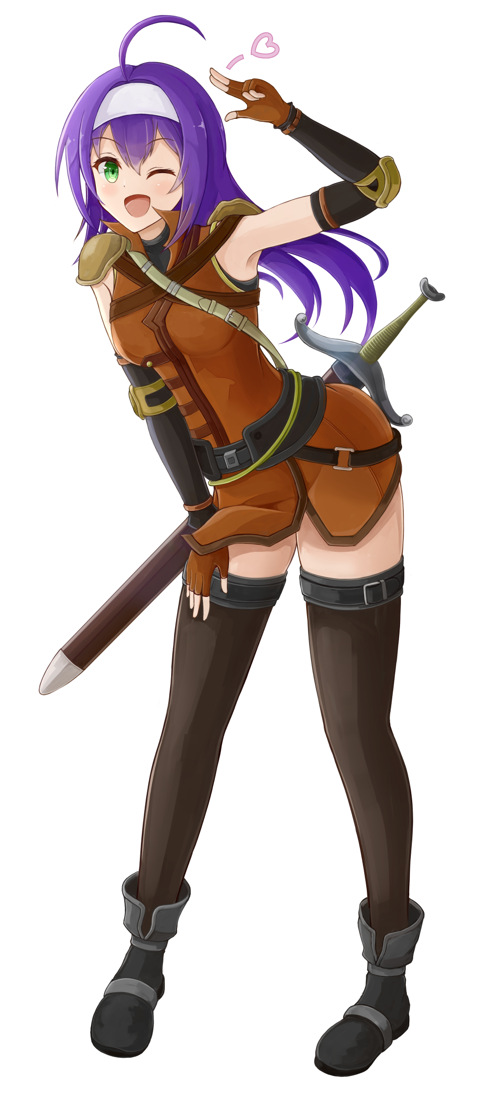 1girl ahoge armpits black_footwear black_legwear black_sleeves breasts detached_sleeves fingerless_gloves fire_emblem fire_emblem:_path_of_radiance floating_hair gloves hand_on_lap headband heart highres leaning_forward long_hair long_sleeves looking_at_viewer mia_(fire_emblem) orange_gloves purple_hair ryuusaki_rei sheath sheathed shiny shiny_hair simple_background small_breasts solo standing sword thigh-highs very_long_hair weapon white_background white_headband zettai_ryouiki