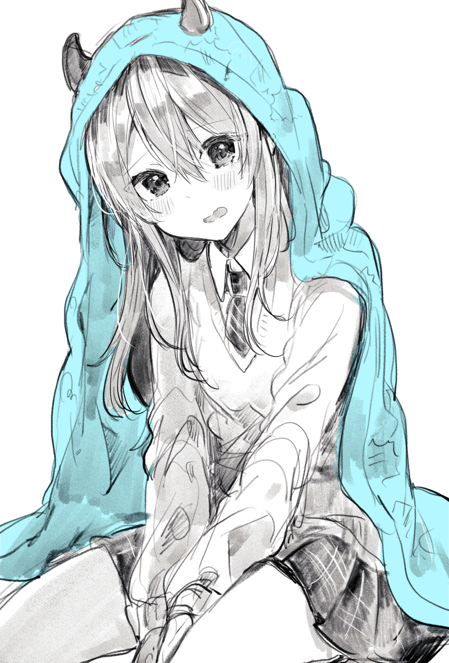 1girl between_legs blanket blue_cloak blush cardigan cloak collared_shirt eyebrows_visible_through_hair hair_between_eyes hand_between_legs head_tilt highres horns horns_through_headwear idolmaster idolmaster_shiny_colors ikeuchi_tanuma light_frown long_hair long_sleeves looking_at_viewer necktie oosaki_tenka open_mouth parted_lips partially_colored plaid plaid_skirt pleated_skirt school_uniform shirt simple_background sitting sketch skirt sleeves_past_wrists smile solo squatting striped striped_neckwear veil white_background wing_collar