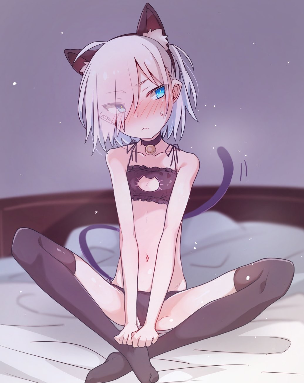1girl animal_ear_fluff animal_ears bed bed_sheet black_panties blue_eyes blush bra cat_cutout cat_ears cat_tail elf embarrassed extra_ears eyebrows_visible_through_hair flat_chest hair_over_eyes higashi_shino highres nowareno_(higashi_shino) original panties pointy_ears solo tail thigh-highs underwear white_hair