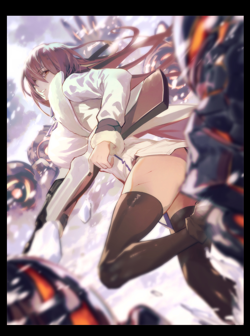 1girl bangs coat frame gun gyudong123 hair_between_eyes holding holding_weapon last_origin long_hair long_sleeves purple_hair red_eyes rifle scratches solo t-8w_valkyrie thigh-highs weapon