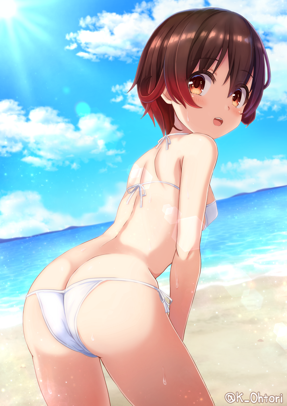 1girl beach bikini blue_sky brown_eyes brown_hair butt_crack clouds commentary_request day dutch_angle from_behind gradient_hair highres horizon kantai_collection leaning_forward looking_back multicolored_hair mutsuki_(kantai_collection) ocean ootori_(kyoya-ohtori) outdoors redhead short_hair sky solo swimsuit twitter_username water white_bikini