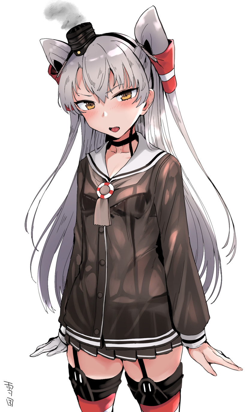 1girl amatsukaze_(kantai_collection) bangs black_dress blush breasts dress garter_straps gloves hair_tubes highres kantai_collection long_hair long_sleeves open_mouth orange_eyes pleated_skirt sailor_collar sailor_dress see-through signature simple_background single_glove skirt small_breasts smoke solo two_side_up white_background white_gloves yukiguni_yuu