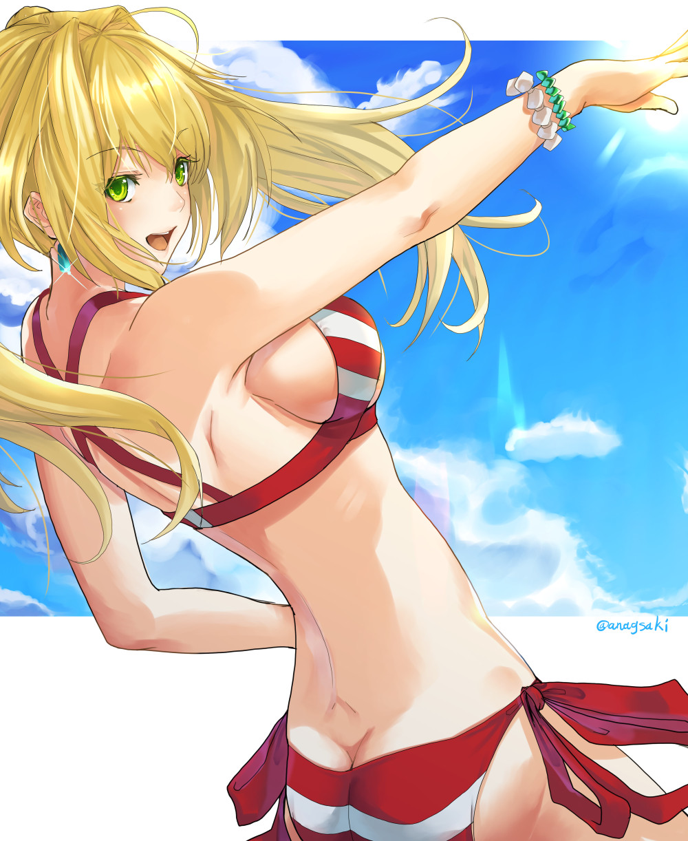 1girl ahoge aona_(kuuga19yuu) ass back bangs bare_shoulders bead_bracelet beads bikini blonde_hair blue_sky bracelet breasts criss-cross_halter earrings fate/grand_order fate_(series) green_eyes hair_between_eyes hair_intakes halterneck highres jewelry large_breasts long_hair looking_at_viewer navel nero_claudius_(fate)_(all) nero_claudius_(swimsuit_caster)_(fate) open_mouth red_bikini side-tie_bikini sideboob sky smile striped striped_bikini swimsuit twintails