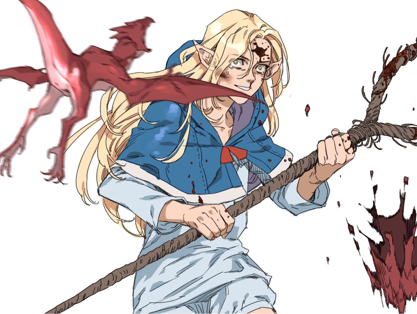 1girl blonde_hair blood blood_on_face blood_splatter bloody_nose bloody_weapon crying crying_with_eyes_open dragon dungeon_meshi elf farawaygalaxy1 green_eyes grin holding holding_weapon long_hair marcille pointy_ears simple_background smile staff tears weapon white_background
