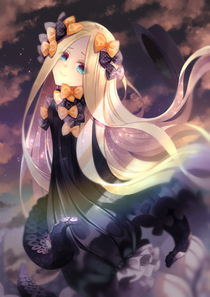 1girl abigail_williams_(fate/grand_order) artist_request bangs black_bow black_dress black_headwear blonde_hair blue_eyes blush bow breasts closed_mouth dress fate/grand_order fate_(series) forehead gradient_sky hair_bow hat head_tilt long_hair looking_at_viewer looking_back multiple_bows orange_bow parted_bangs polka_dot polka_dot_bow purple_sky ribbed_dress sky sleeves_past_fingers sleeves_past_wrists small_breasts smile tentacles twilight white_bloomers