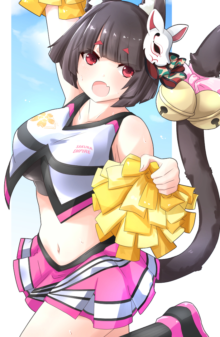 1girl :d animal_ears arm_up azur_lane bare_shoulders bell black_footwear black_hair black_legwear black_shirt breasts cat_ears cat_girl cat_tail collarbone cowboy_shot crop_top crop_top_overhang fang fox_mask gudon_(iukhzl) holding_pom_poms jingle_bell large_breasts leg_up looking_at_viewer mask mask_on_head midriff miniskirt navel open_mouth pink_skirt pleated_skirt red_eyes shirt shoes short_hair skirt sleeveless sleeveless_shirt smile socks solo stomach sweat tail undershirt white_shirt yamashiro_(azur_lane)