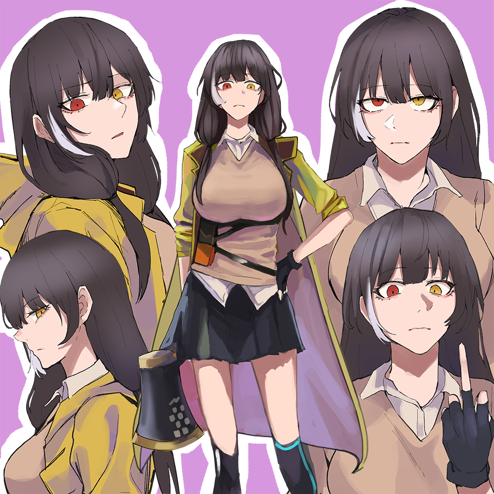 1girl bangs black_gloves black_skirt breasts brown_hair eyebrows_visible_through_hair fingerless_gloves girls_frontline gloves hand_on_hip heterochromia jacket large_breasts long_hair looking_at_viewer middle_finger mmm_(ji1945) multicolored multicolored_eyes multicolored_hair multiple_views purple_background red_eyes ro635_(girls_frontline) serious shirt skirt turtleneck white_shirt yellow_eyes yellow_jacket