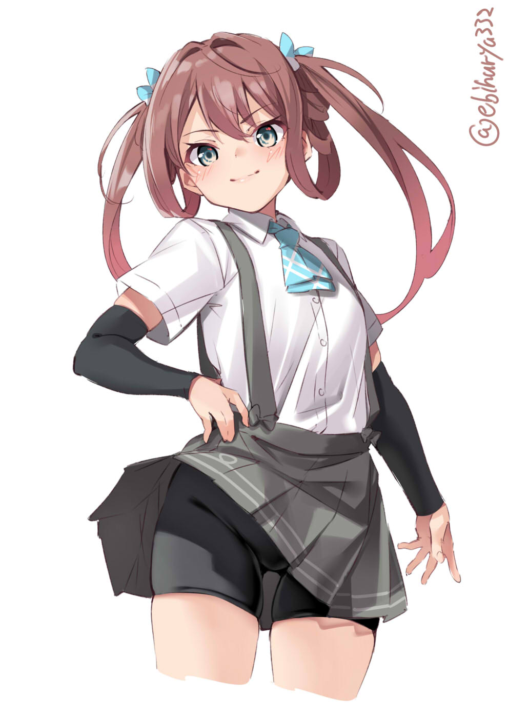 1girl arm_warmers asagumo_(kantai_collection) ascot bike_shorts black_shorts blue_neckwear blush brown_hair buttons cropped_legs ebifurya grey_eyes grey_skirt hair_between_eyes highres kantai_collection long_hair pleated_skirt revision shirt short_sleeves shorts shorts_under_skirt simple_background skirt smile solo suspender_skirt suspenders twintails twitter_username white_background white_shirt