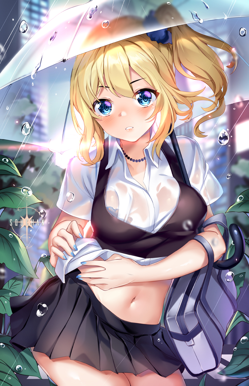 1girl artist_name bag bangs black_bra black_skirt blonde_hair blue_eyes blue_nails blue_scrunchie blurry blurry_background blush bra bra_through_clothes breasts collared_shirt commentary_request day depth_of_field dress_shirt eyebrows_visible_through_hair hair_ornament hair_scrunchie hayasaka_ai highres kaguya-sama_wa_kokurasetai_~tensai-tachi_no_renai_zunousen~ looking_at_viewer medium_breasts midriff nail_polish navel outdoors parted_lips pleated_skirt rain school_bag school_uniform scrunchie see-through shirt side_ponytail skirt solo squchan tied_shirt transparent transparent_umbrella umbrella underwear v-shaped_eyebrows water_drop wet wet_clothes wet_shirt white_shirt