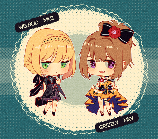2girls alternate_costume armband bangs bare_legs bare_shoulders black_bow black_dress black_footwear black_gloves black_ribbon blonde_hair blue_background blush bow braid brown_hair character_name chibi closed_mouth cocktail_dress commentary crown_braid dress dress_lift earrings english_commentary eyebrows finger_to_chin flower frilled_dress frills frown full_body girls_frontline gloves green_eyes grizzly_mkv_(girls_frontline) hair_bow hair_flower hair_ornament hair_ribbon jewelry lifted_by_self multiple_girls open_mouth pout red_flower ribbon shiny shiny_hair shoes short_hair sidelocks silence_girl smile standing strapless strapless_dress teeth thigh_strap tied_hair violet_eyes welrod_mk2_(girls_frontline) yellow_dress