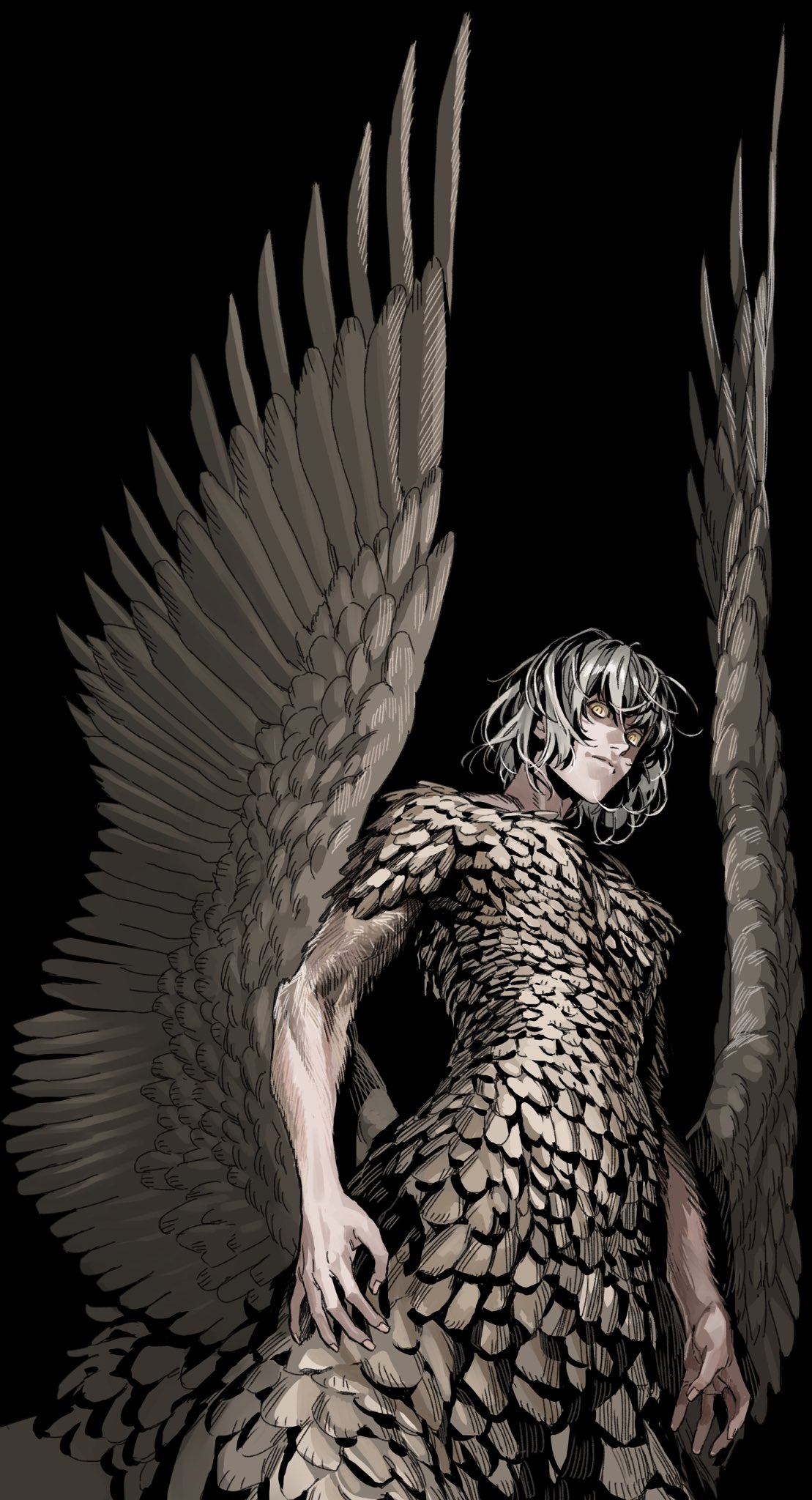 1girl arms_at_sides black_background dungeon_meshi falin_thorden farawaygalaxy1 feathered_wings from_below fur highres monster_girl short_hair simple_background solo spoilers wings yellow_eyes