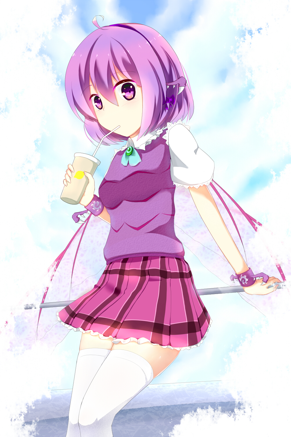 1girl clouds ddt_(darktrident) drinking_straw hair_between_eyes highres looking_at_viewer miniskirt original outdoors plaid plaid_skirt purple_hair purple_vest short_hair short_sleeves skirt sky solo starcraft vest violet_eyes white_legwear zerg zergling