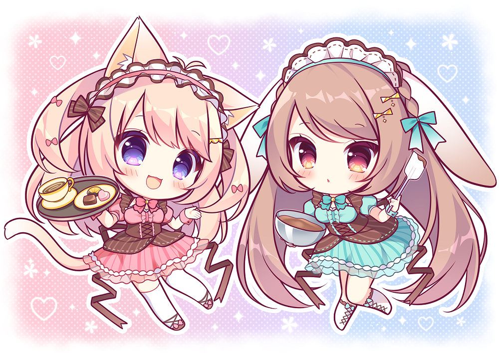 2girls animal_ears antenna_hair blue_bow blue_dress blue_eyes boots bow bowl breasts brown_footwear brown_hair cat_ears cat_girl cat_tail center_frills chibi commentary_request cookie cross-laced_footwear cup dress food frilled_hairband frills hairband heart holding holding_bowl holding_tray knee_boots lace-up_boots light_brown_hair long_hair medium_breasts mixing_bowl multiple_girls original pink_dress pink_footwear pink_hairband puffy_short_sleeves puffy_sleeves rabbit_ears red_eyes ryuuka_sane saucer shoes short_sleeves spatula tail thigh-highs tray two_side_up very_long_hair white_footwear white_legwear