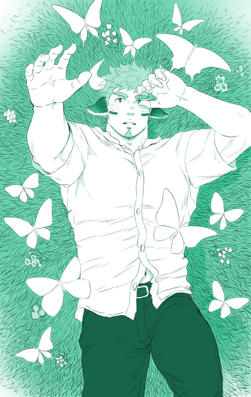 1boy alternate_costume animal_ears bangs bara belt bug butterfly casual chest facial_hair forked_eyebrows glowing_horns grass green_theme highres horns insect looking_at_viewer lying male_focus navel on_back on_grass open_clothes open_mouth pants partially_unbuttoned simple_background solo thick_eyebrows tokyo_houkago_summoners unplugged_line upper_body wakan_tanka white_butterfly