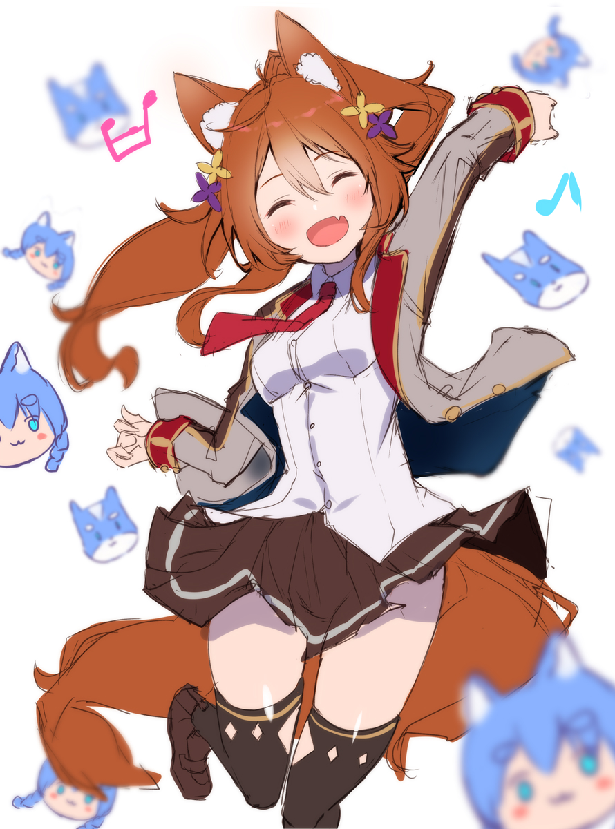 1girl :d ^_^ animal_ear_fluff animal_ears arm_up bangs beamed_sixteenth_notes black_legwear blush breasts brown_flower brown_footwear brown_hair brown_skirt character_mask closed_eyes collared_shirt dress_shirt eyebrows_visible_through_hair facing_viewer fang flower fox_ears fox_girl fox_tail fuku_kitsune_(fuku_fox) grey_jacket hair_between_eyes hair_flower hair_ornament high_ponytail highres jacket korin_(shironeko_project) koyomi_(shironeko_project) loafers long_hair long_sleeves mask musical_note open_clothes open_jacket open_mouth pleated_skirt ponytail purple_flower red_neckwear school_uniform shironeko_project shirt shoes simple_background sketch skirt small_breasts smile solo standing standing_on_one_leg tail tarou_(shironeko_project) thigh-highs white_background white_shirt