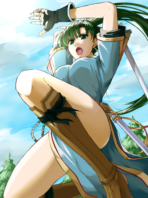 1girl arms_up bangs black_gloves blue_tunic boots brown_footwear day delsaber earrings fingerless_gloves fire_emblem fire_emblem:_the_blazing_blade floating_hair from_below gloves green_eyes green_hair hair_between_eyes high_ponytail holding holding_sword holding_weapon jewelry jumping knee_boots long_hair lyn_(fire_emblem) open_mouth outdoors side_slit solo sword very_long_hair weapon