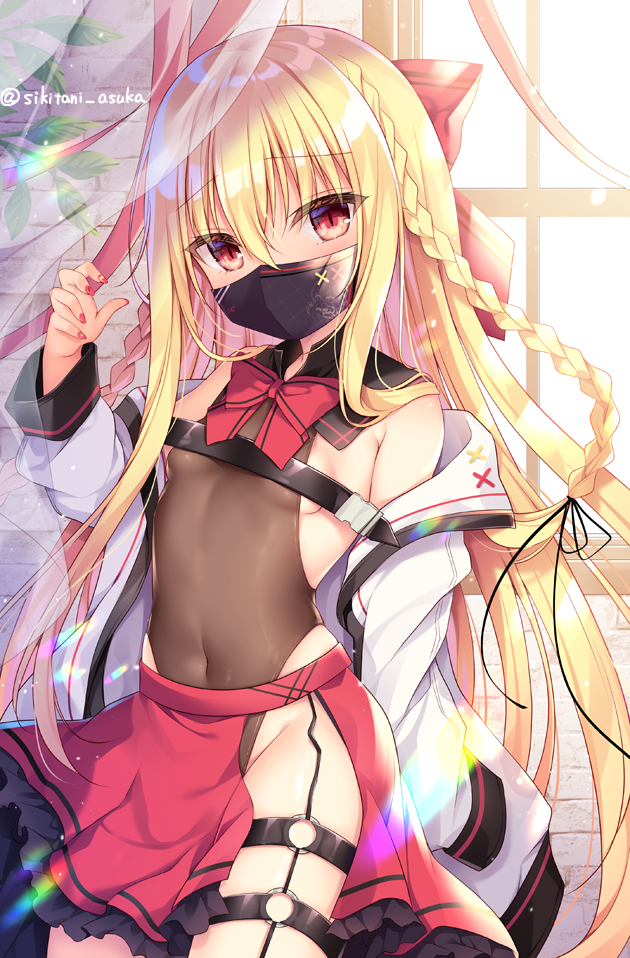 1girl bare_shoulders blonde_hair bodysuit bow bowtie braid breasts commentary_request covered_navel cowboy_shot curtains garter_straps groin hair_between_eyes hair_bow hand_up highleg jacket long_hair long_sleeves looking_at_viewer mask miniskirt mouth_mask nail_polish ninja_mask off_shoulder open_clothes open_jacket original red_eyes red_nails red_skirt revealing_clothes shikitani_asuka side_slit skirt small_breasts solo strap thigh_strap thighs twin_braids twitter_username very_long_hair white_jacket