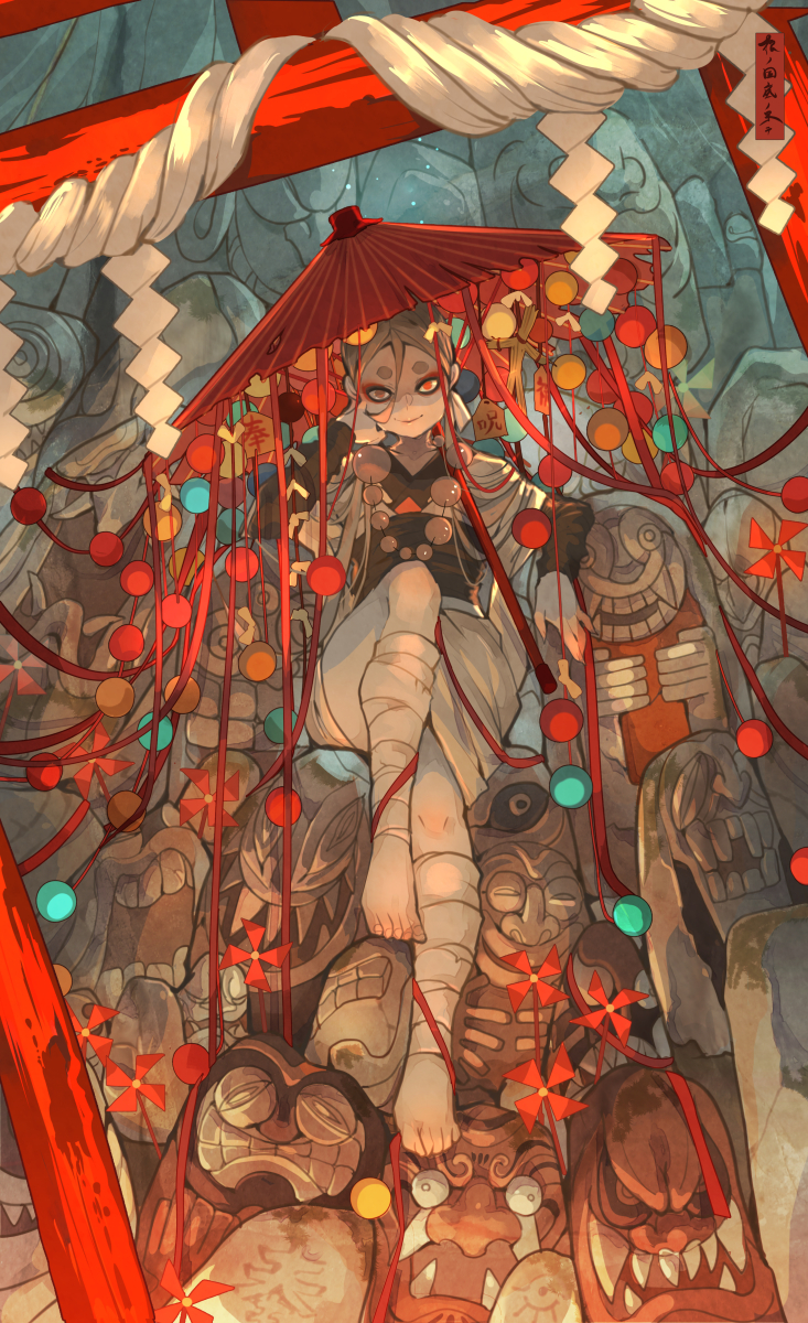 1girl :&gt; bandaged_leg bandages bangs barefoot beads black_sleeves claws commentary_request dress ema eyeshadow feet full_body hair_between_eyes hand_on_own_cheek haniwa_(statue) hannya highres japanese_clothes japanese_mythology jewelry knee_up leaning long_sleeves looking_at_viewer makeup nanahara_shie naughty_face necklace no_pupils obi ofuda oni_mask oriental_umbrella original pale_skin parasol parted_bangs pinwheel prayer_beads red_eyes red_eyeshadow red_ribbon red_theme ribbon sash shide shinto short_eyebrows short_hair shrine sitting smile solo statue thick_eyebrows thighs toes torii umbrella white_dress white_hair