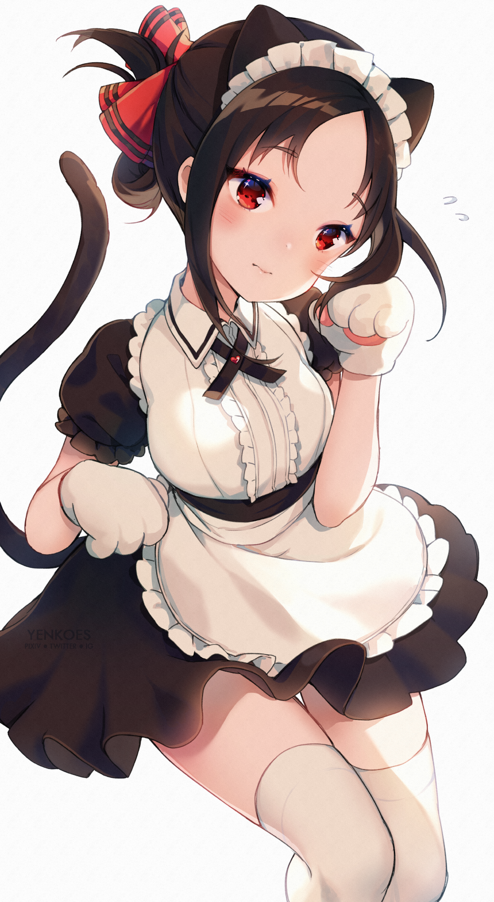 1girl alternate_costume animal_ears apron bangs black_dress black_hair blush breasts cat_ears cat_girl cat_tail commentary_request dress eyebrows_visible_through_hair flying_sweatdrops folded_ponytail frills gloves hair_ribbon highres kaguya-sama_wa_kokurasetai_~tensai-tachi_no_renai_zunousen~ looking_at_viewer maid maid_headdress parted_bangs paw_gloves paws puffy_short_sleeves puffy_sleeves red_eyes red_ribbon ribbon school_uniform shinomiya_kaguya short_hair short_sleeves sidelocks simple_background solo striped tail thigh-highs white_apron white_background white_gloves white_legwear yennineii