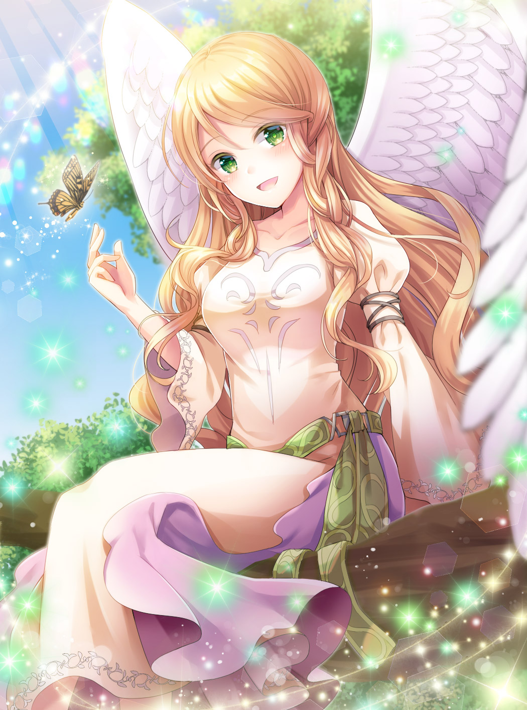 1girl blonde_hair blue_sky bug butterfly day dress feathered_wings fire_emblem fire_emblem:_path_of_radiance green_eyes highres if_oki insect leanne_(fire_emblem) long_hair long_sleeves open_mouth outdoors sitting sky solo white_wings wings