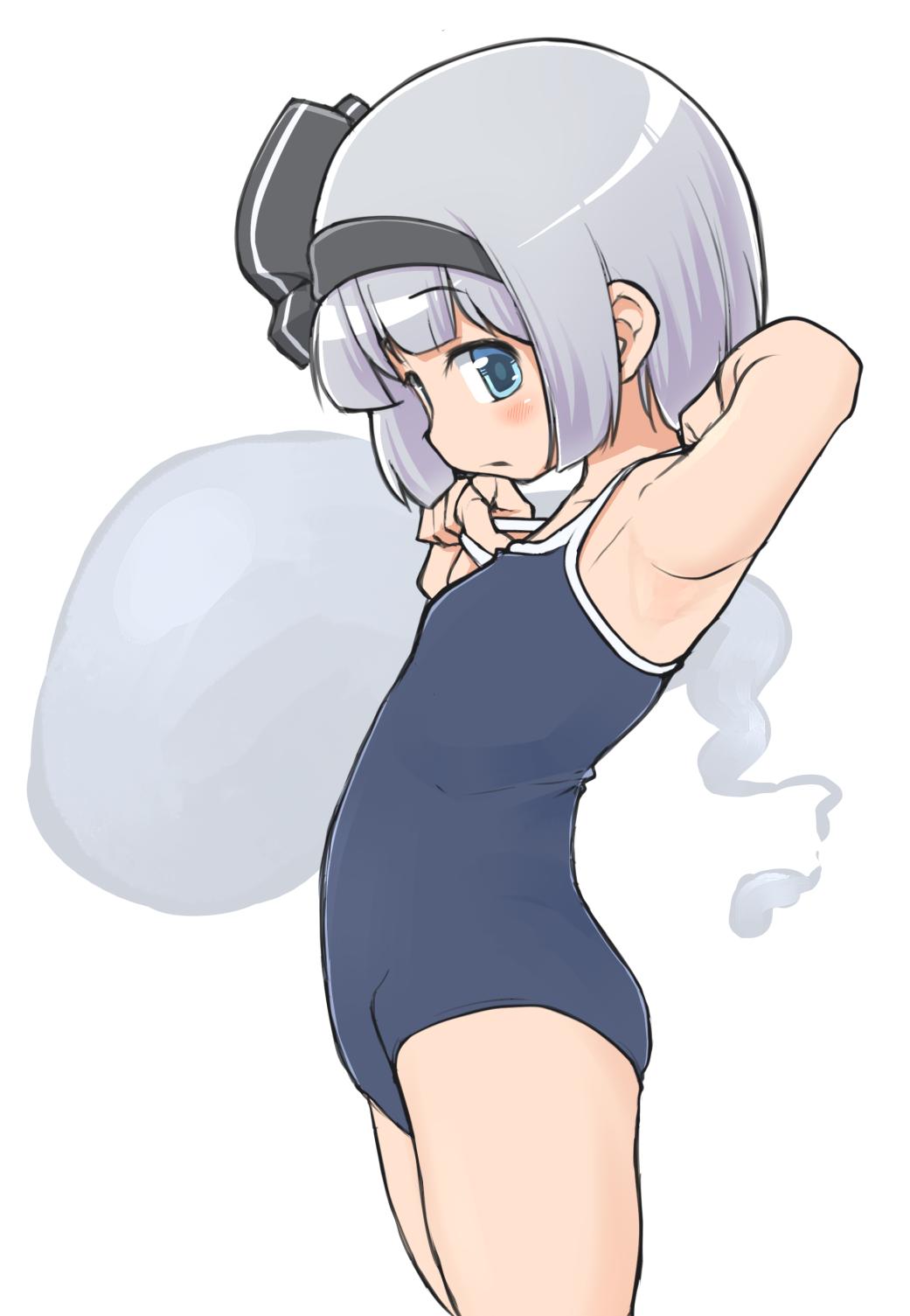 1girl adjusting_clothes adjusting_swimsuit armpits arms_up ass blue_eyes from_side hairband highres hitodama konpaku_youmu konpaku_youmu_(ghost) one-piece_swimsuit ribbon school_swimsuit short_hair silver_hair simple_background solo swimsuit thighs touhou turnip_kabura white_background