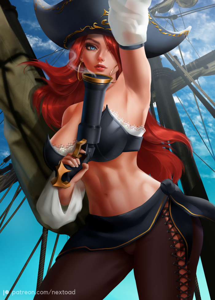 1girl armpits artist_name bare_shoulders black_headwear black_pants blue_eyes blue_sky breasts clouds cloudy_sky crop_top day detached_sleeves earrings finger_on_trigger gun hair_over_one_eye hand_up handgun hat holding holding_gun holding_weapon jewelry large_breasts league_of_legends long_hair looking_at_viewer musket nextoad pants patreon_username pirate pirate_costume pirate_hat redhead rope sarah_fortune ship skirt sky smoke smoking_gun solo standing thigh_strap tricone watercraft watermark weapon