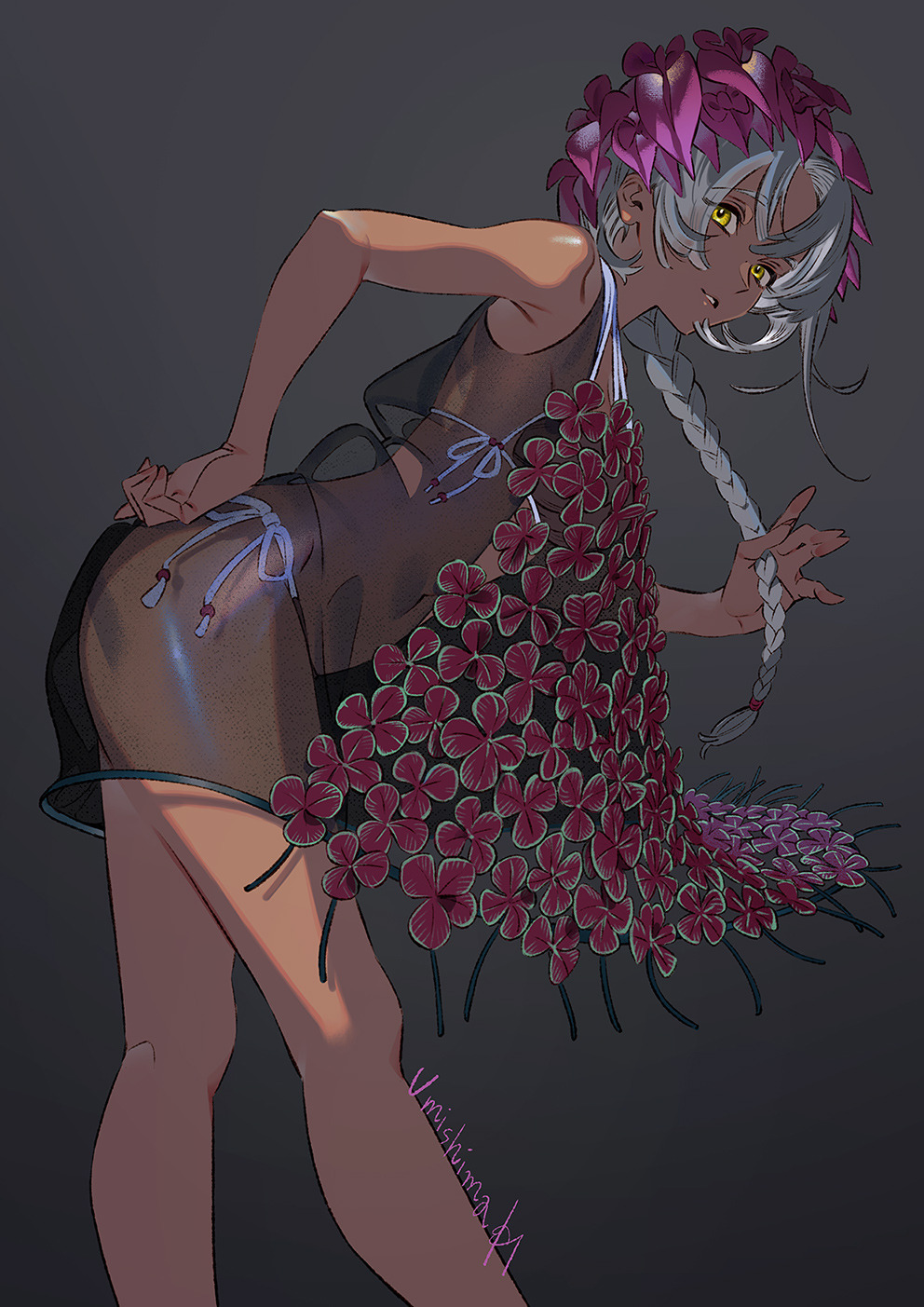 1girl bare_shoulders bikini bow braid braided_ponytail dark_skin feet_out_of_frame flower from_side grey_background grey_hair hand_on_hip highres leaf leaning_forward long_hair looking_at_viewer original purple_bow signature simple_background solo swimsuit umishima_senbon yellow_eyes