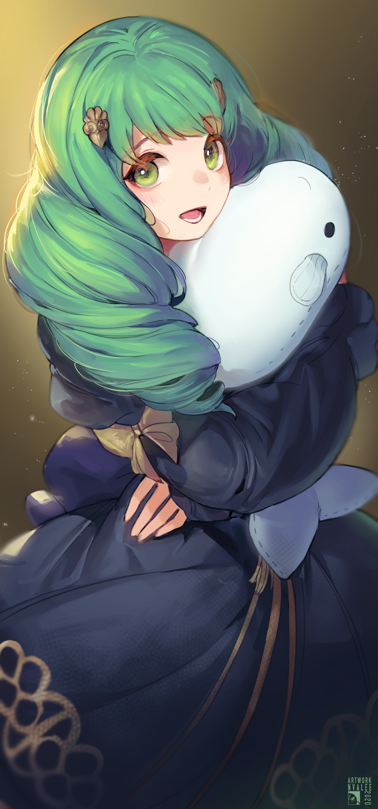 1girl bow fire_emblem fire_emblem:_three_houses flayn_(fire_emblem) garreg_mach_monastery_uniform green_eyes green_hair hair_ornament highres holding holding_stuffed_animal long_hair long_sleeves open_mouth solo stuffed_animal stuffed_toy uniform velahka