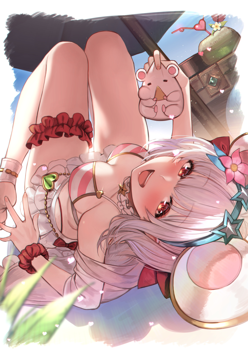 1girl :d bangs barefoot bikini blush breasts deras granblue_fantasy hairband highres long_hair looking_at_viewer lying on_back open_mouth parasol red_eyes smile solo striped striped_bikini swimsuit thigh_strap umbrella vikala_(granblue_fantasy) white_hair