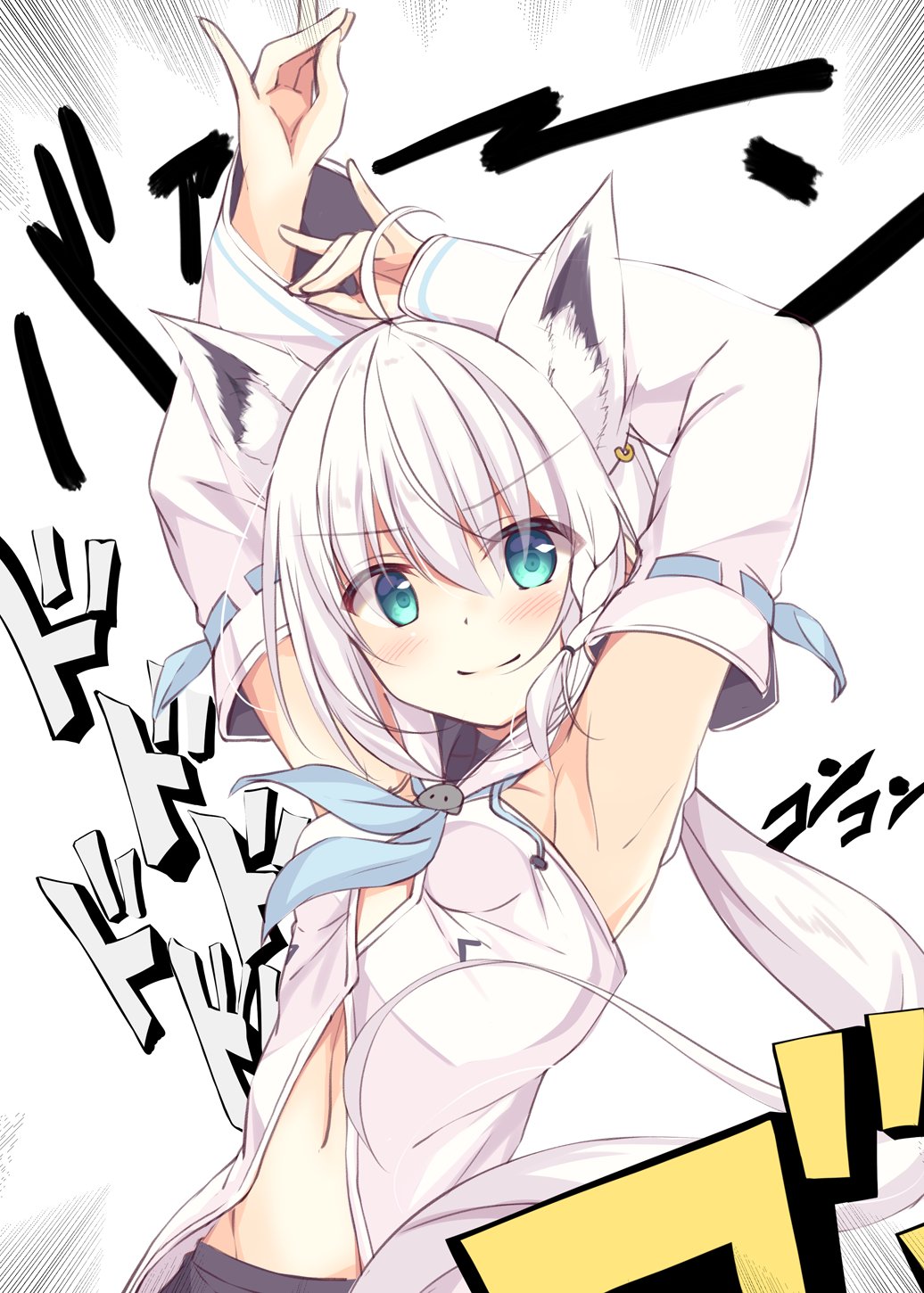 1girl ahoge animal_ear_fluff animal_ears aqua_eyes armpits arms_up blush braid breasts chinese_commentary closed_mouth cowboy_shot detached_sleeves earrings emphasis_lines eyebrows_visible_through_hair fox_ears fox_shadow_puppet hair_between_eyes highres hololive jewelry jojo_no_kimyou_na_bouken kyado_(amaterasu) long_hair looking_at_viewer menacing_(jojo) midriff navel pose shirakami_fubuki side_braid simple_background small_breasts smile solo sound_effects virtual_youtuber white_background white_hair white_hoodie