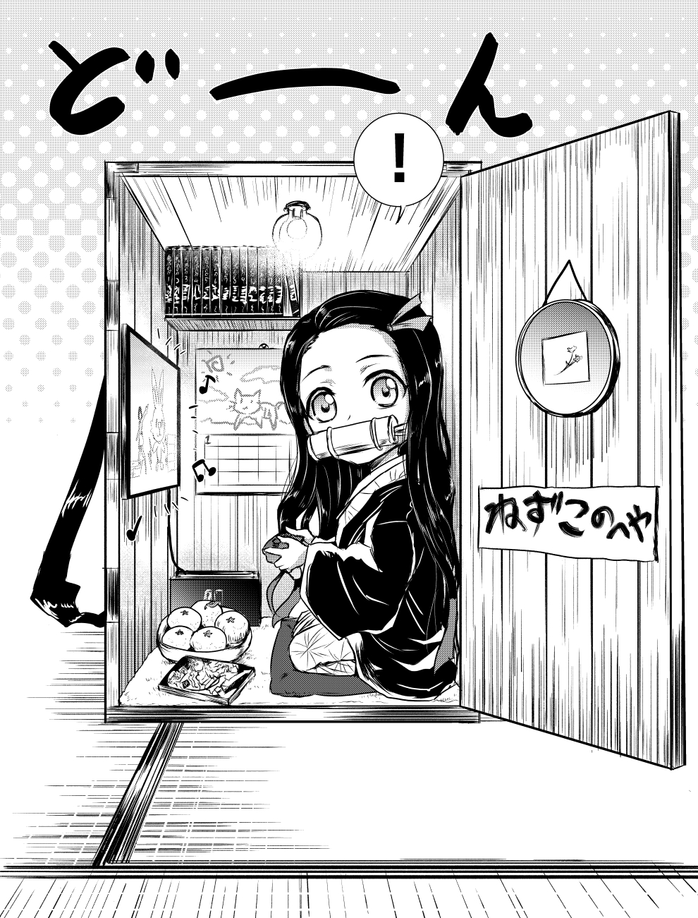 1girl bamboo bit_gag black_hair box checkered_obi cushion forehead gag game_console hair_ribbon highres holding_handheld_game_console in_box in_container japanese_clothes joy-con kamado_nezuko kimetsu_no_yaiba kimono kuboken long_hair looking_at_viewer monochrome mouth_hold nintendo nintendo_switch playing_games pokemon ribbon seiza sitting wooden_box