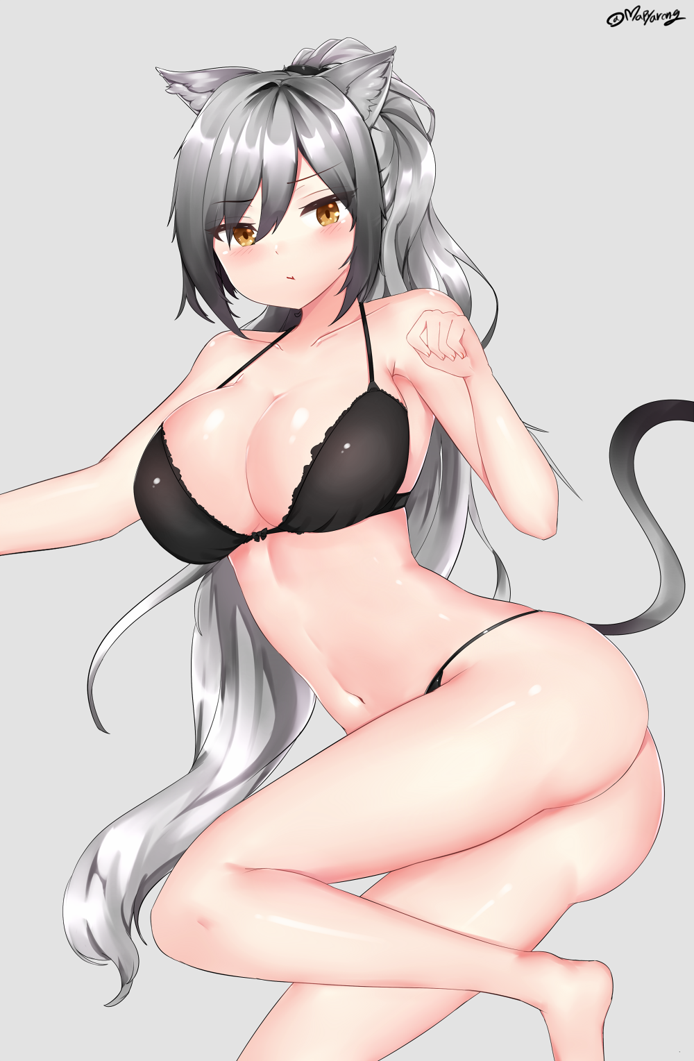 1girl animal_ears arknights ass bangs bare_arms bare_legs bare_shoulders barefoot black_bra black_panties blush bra breasts brown_eyes cat_ears cat_tail commentary_request eyebrows_visible_through_hair grey_background hair_between_eyes hand_up highres korean_commentary large_breasts long_hair looking_at_viewer mapyarong navel panties schwarz_(arknights) silver_hair simple_background solo stomach tail thighs underwear underwear_only very_long_hair
