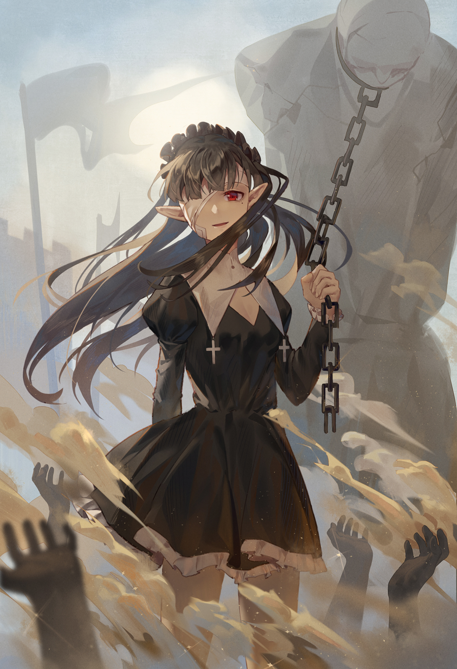 1girl bandage_over_one_eye black_dress black_hair chain commentary_request day dress flag floating_hair golem hand_up highres holding ji_dao_ji juliet_sleeves latin_cross long_hair long_sleeves looking_at_viewer mole mole_under_eye original outdoors parted_lips pointy_ears puffy_sleeves red_eyes sand smile solo_focus sun very_long_hair wind