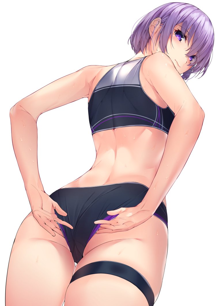 1girl arms_behind_back ass back black_buruma buruma closed_mouth commentary commentary_typo cowboy_shot crop_top eyebrows_visible_through_hair fate/grand_order fate_(series) from_behind from_below hair_between_eyes lips looking_at_viewer maki_tatsuki mash_kyrielight purple_hair short_hair simple_background sleeveless solo sweat sweatdrop thigh_strap thighs track_uniform violet_eyes white_background