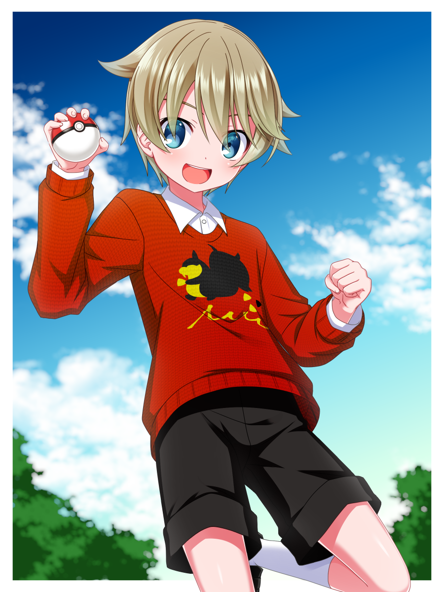 1boy bangs blue_eyes blue_sky blush clouds hair_between_eyes highres looking_at_viewer male_focus open_mouth outdoors poke_ball poke_ball_(basic) pokemon pokemon_(game) pokemon_swsh print_sweater rionoil shorts sky smile solo sweater youngster_(pokemon)