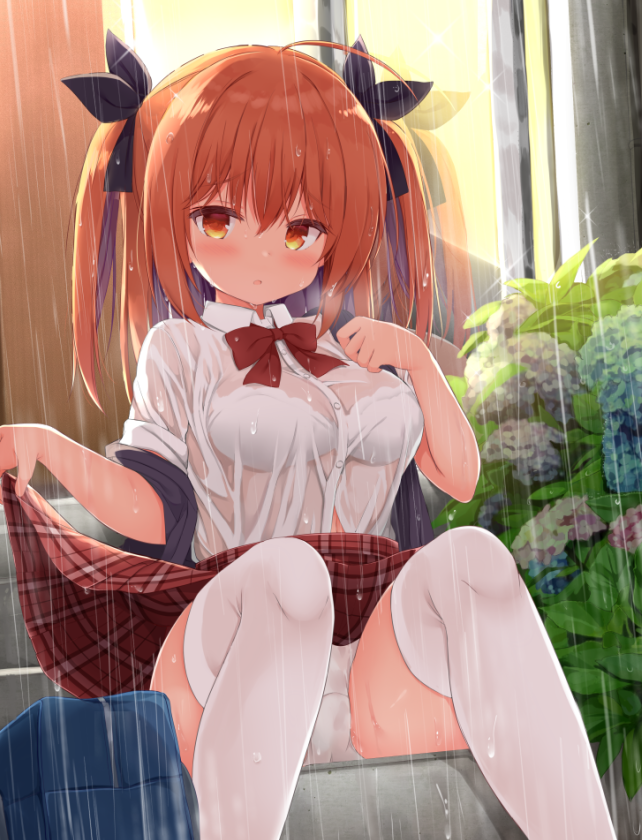 1girl :o ahoge bag bangs black_ribbon blue_flower blush bow bra bra_through_clothes breasts brown_eyes brown_hair commentary_request eyebrows_visible_through_hair feet_out_of_frame flower hair_between_eyes hair_ribbon hydrangea kujou_danbo long_hair looking_at_viewer medium_breasts original panties parted_lips pink_flower plaid plaid_skirt pleated_skirt purple_flower rain red_bow red_skirt ribbon school_bag see-through shirt sitting skirt solo spread_legs thigh-highs two_side_up underwear wet wet_clothes wet_shirt white_bra white_legwear white_panties window