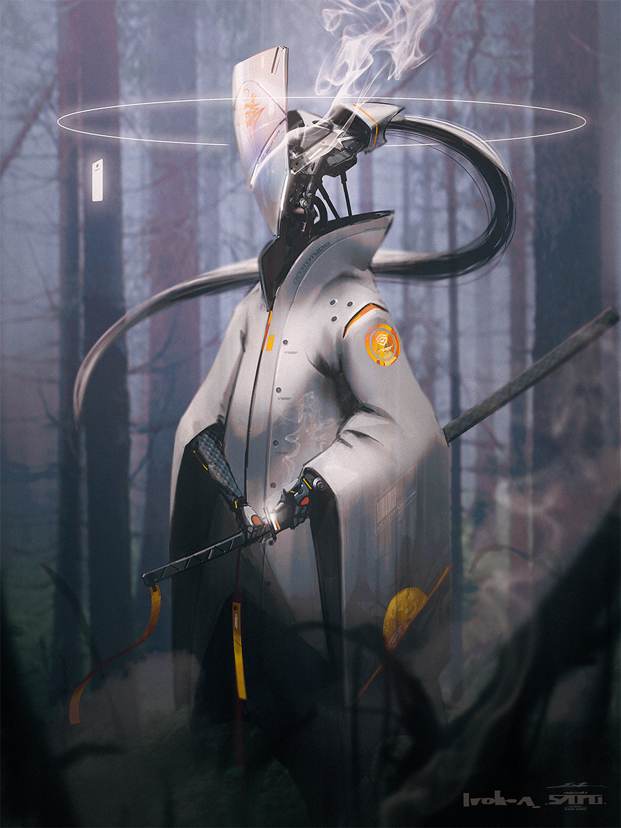 esuthio forest highres holding holding_sword holding_weapon katana long_hair nature no_humans original ponytail robot science_fiction sheath sheathed solo sword weapon