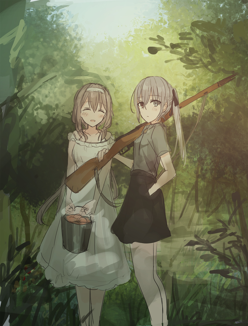 2girls ^_^ bangs bare_shoulders black_skirt blush brown_eyes brown_hair bucket chihuri closed_eyes collared_shirt day dress eve_(chihuri) eyebrows_visible_through_hair forest grey_eyes grey_hair grey_shirt gun hair_between_eyes hairband hand_in_pocket heterochromia highres holding holding_bucket holding_gun holding_weapon long_hair multiple_girls nature off-shoulder_dress off_shoulder original outdoors over_shoulder renata_alekseevna_tsvetaeva rifle shirt short_sleeves sketch skirt standing very_long_hair weapon weapon_over_shoulder weapon_request white_dress white_hairband