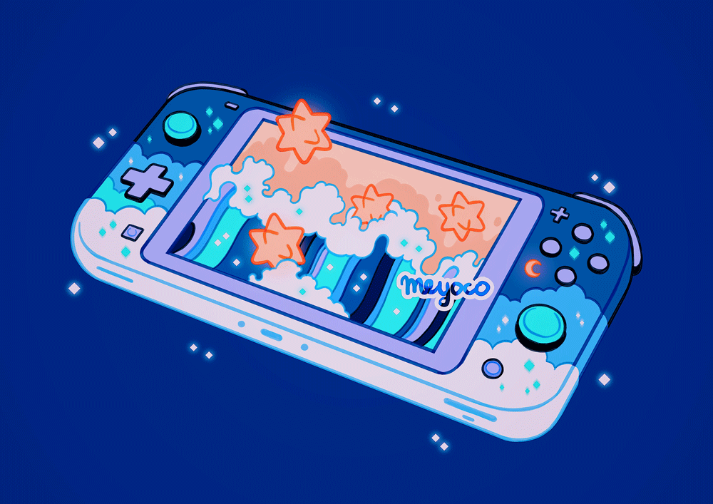 beach blue_background cloud_print crescent meyoco nintendo_switch no_humans original simple_background sparkle waves