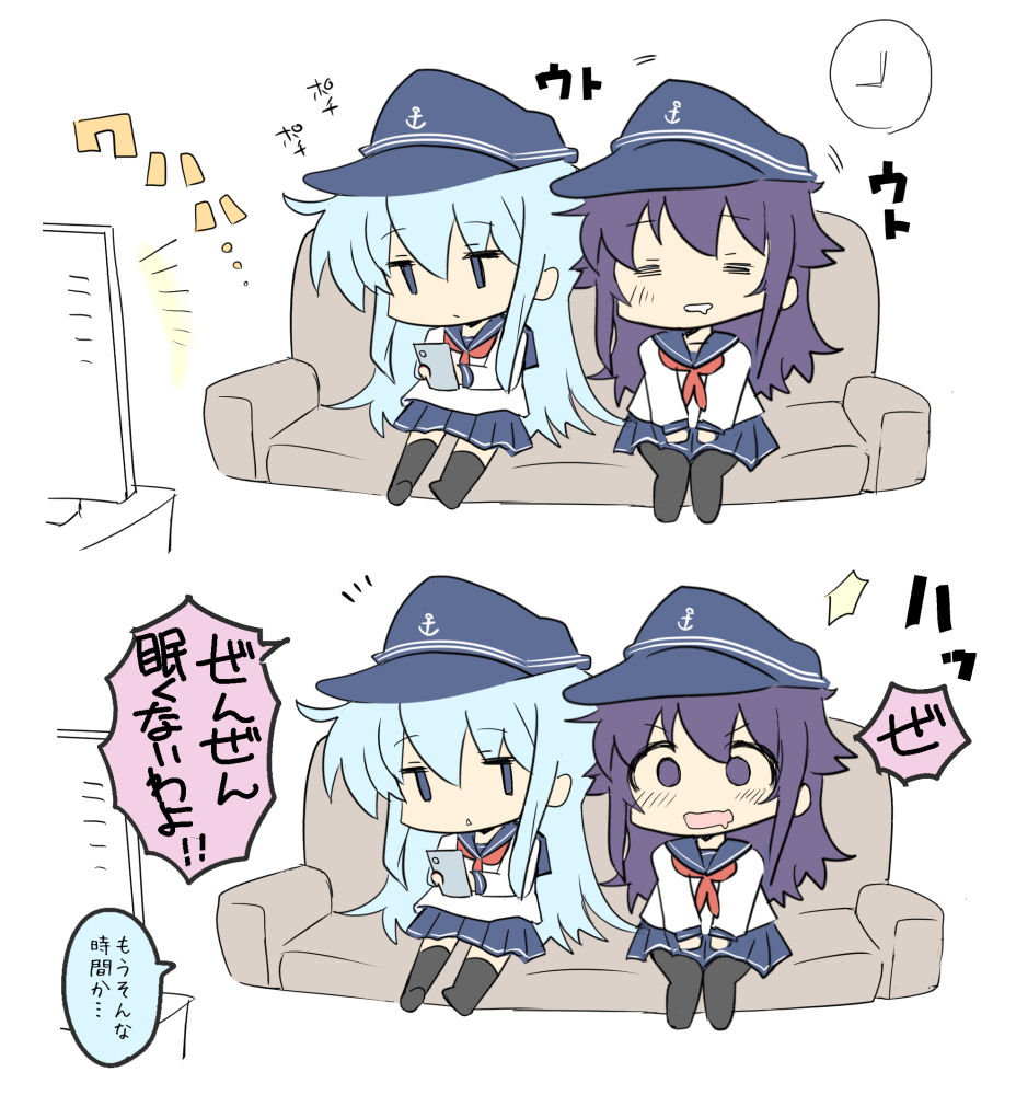 2girls =_= akatsuki_(kantai_collection) anchor_symbol black_headwear black_legwear black_sailor_collar black_skirt blue_eyes cellphone closed_eyes couch eyebrows_visible_through_hair flat_cap hair_between_eyes hat hibiki_(kantai_collection) hizuki_yayoi holding holding_phone kantai_collection long_hair long_sleeves multiple_girls neckerchief open_mouth pantyhose phone pleated_skirt purple_hair red_neckwear sailor_collar school_uniform serafuku silver_hair sitting skirt smartphone speech_bubble television thigh-highs translated violet_eyes