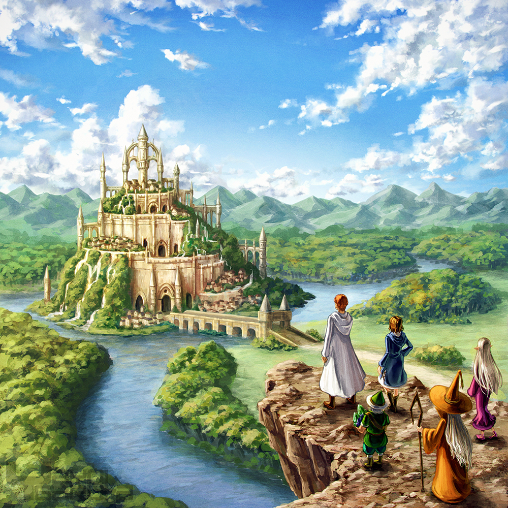 bridge brown_hair city commentary_request day elf facing_away fantasy garutaisa hat long_hair mountain mountainous_horizon orange_hair original outdoors pointy_ears river robe scenery short_hair silver_hair sky staff water witch_hat