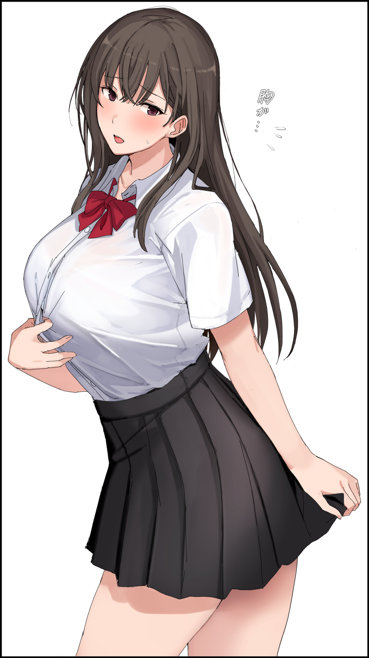 1girl bangs bra breasts brown_eyes brown_hair collarbone copyright_request eyebrows_visible_through_hair highres large_breasts long_hair looking_at_viewer mobu pleated_skirt school_uniform see-through shirt simple_background skirt solo underwear wet wet_clothes wet_shirt white_background