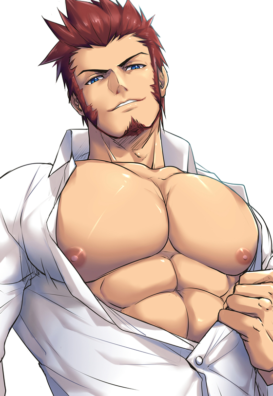 1boy abs bara beard blue_eyes brown_hair chachi_(soulga) chest collar facial_hair fate/grand_order fate_(series) goatee long_sleeves male_focus muscle napoleon_bonaparte_(fate/grand_order) pectorals sideburns smile unbuttoned
