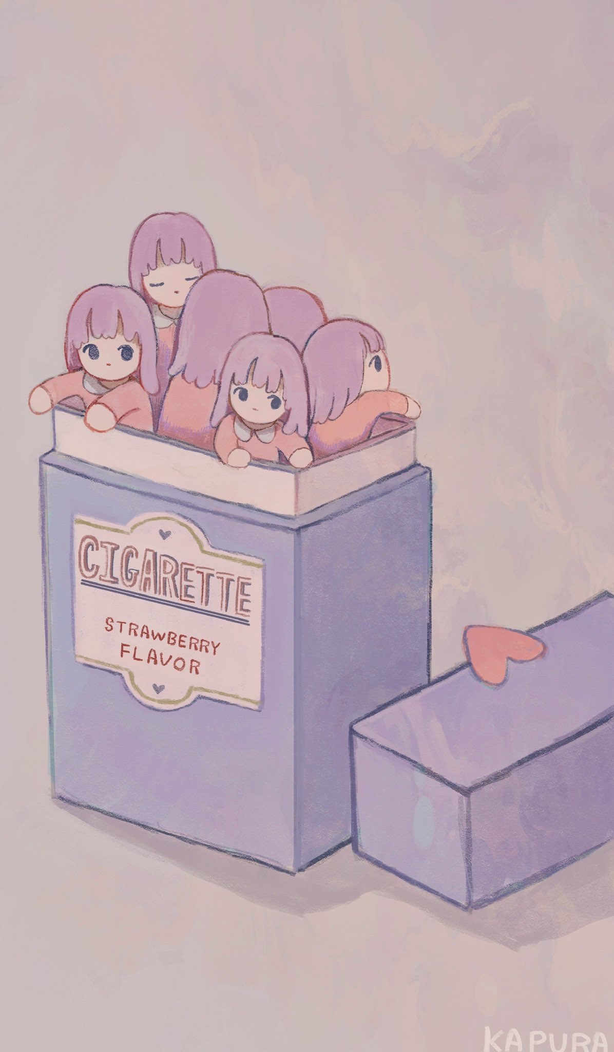 6+girls cigarette_box closed_eyes english_text heart highres kapura long_sleeves minigirl multiple_girls original profile purple_hair red_shirt shadow shirt signature