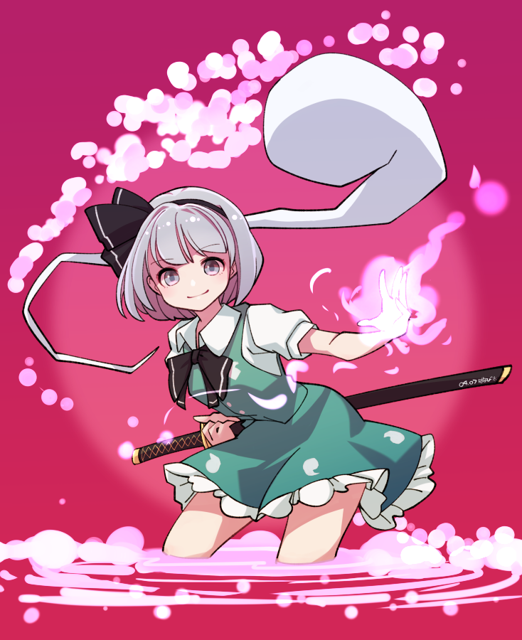 1girl bangs black_bow black_hairband black_ribbon bob_cut bow bowtie breasts collared_shirt commentary dated english_commentary eyebrows_visible_through_hair frilled_skirt frills ghost green_skirt green_vest grey_eyes hair_ribbon hairband hitodama holding holding_sheath katana konpaku_youmu looking_at_viewer medium_skirt neck_ribbon outstretched_hand puffy_short_sleeves puffy_sleeves red_background ribbon sheath sheathed shirt short_hair short_sleeves signature silver_hair skirt skirt_set smile solo sword thighs touhou umenodo vest weapon white_shirt