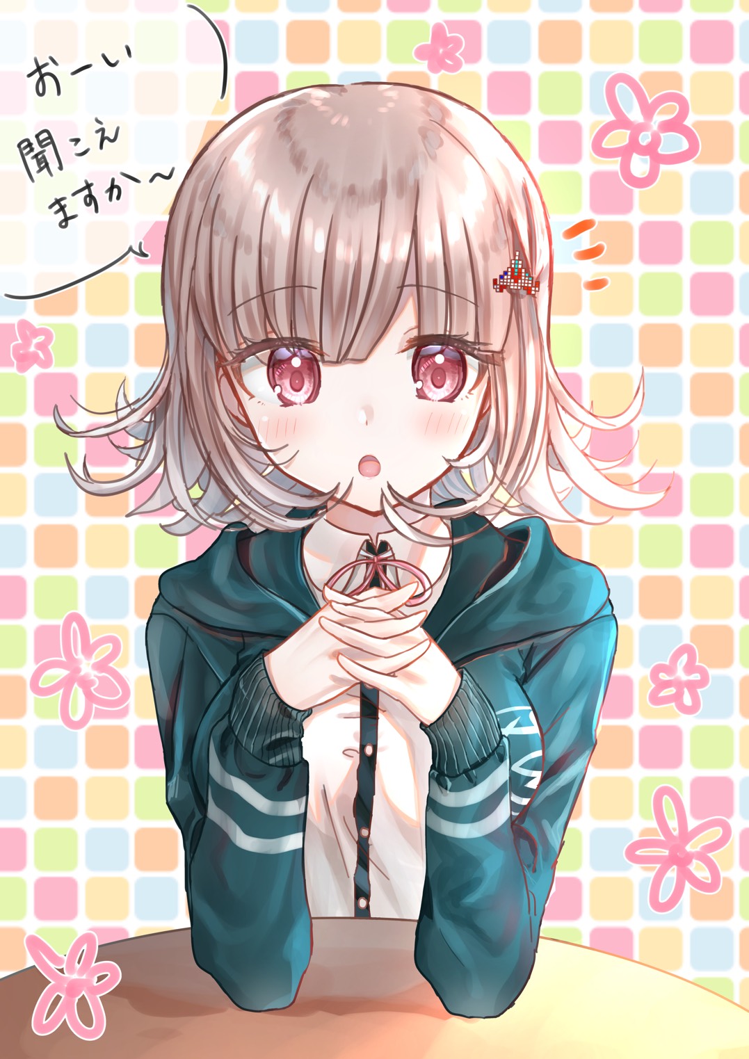 1girl :o aqua_cardigan bangs blush cardigan dangan_ronpa dress_shirt eyebrows_visible_through_hair highres hood hood_down hooded_cardigan interlocked_fingers long_sleeves looking_at_viewer medium_hair nanami_chiaki neck_ribbon open_cardigan open_clothes open_mouth pink_ribbon red_eyes ribbon shiny shiny_hair shirt silver_hair solo speech_bubble super_dangan_ronpa_2 table upper_body white_shirt zuzuhashi