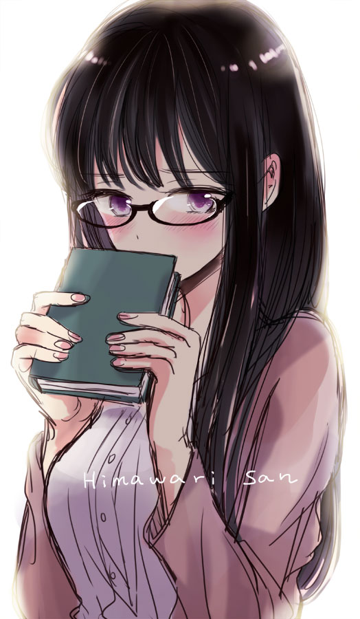 1girl bangs black-framed_eyewear black_hair blush book breasts brown_cardigan cardigan character_name commentary_request copyright_name covering_mouth dress_shirt eyebrows_visible_through_hair glasses himawari-san himawari-san_(character) holding holding_book long_hair medium_breasts open_cardigan open_clothes shirt simple_background sketch solo sugano_manami upper_body violet_eyes white_background white_shirt